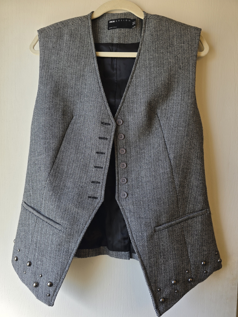 ASOS Gray Herringbone Sleeveless Vest with Stud Detail